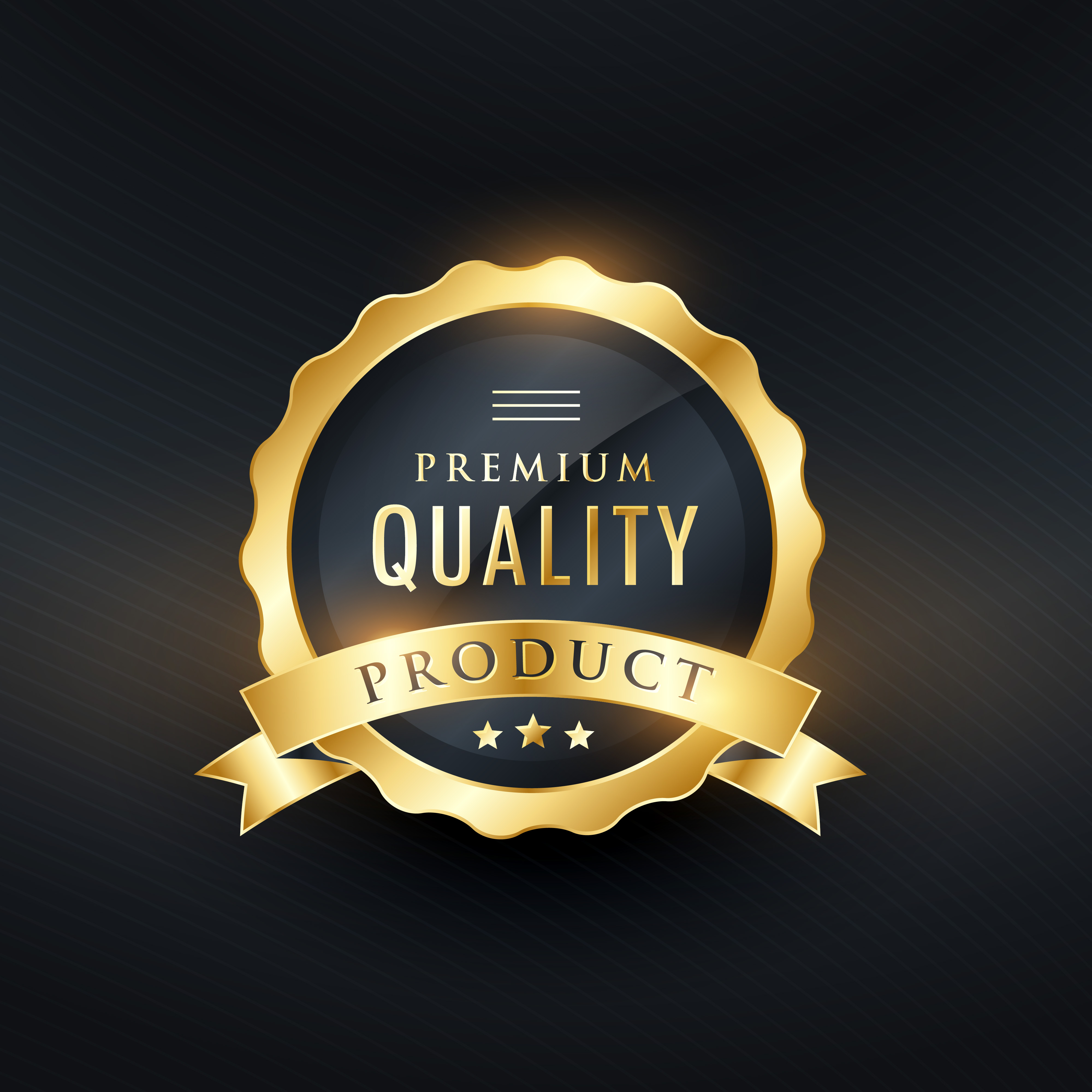 Gold and black premium quality badge with a ribbon displaying the words Premium Quality Product and three stars, set against a dark gradient background, conveying a sense of trust and excellence